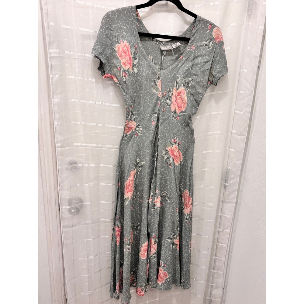 Starina Vintage Floral Midi Dress Sage Green Pink Rose Rayon Short Sleeve Small